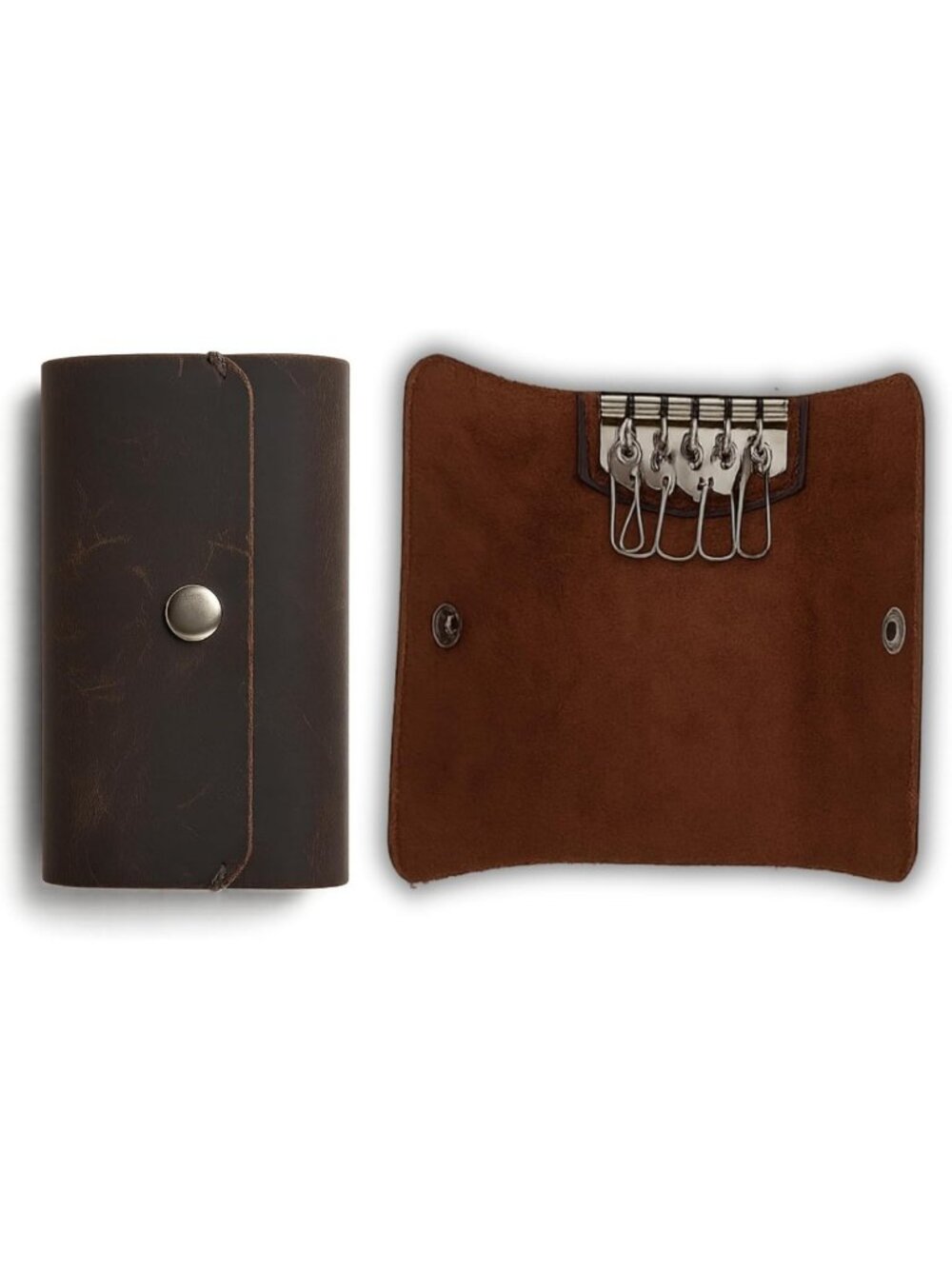 Brown Leather Key Sleeve with 6 Hooks, Snap Closure, Stylish Organizer Accessory
